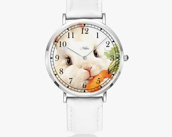Konijnenhorloge met leren band in zwart, bruin of wit – schattig horloge met konijnen- en wortelmotief | Cadeau voor kinderen en volwassenen