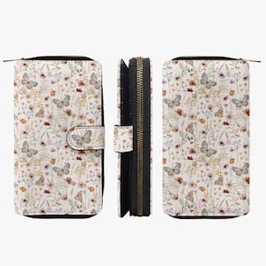 Cartera con diseño de flores silvestres beige, monedero con mariposas florales, cartera con estampado floral, cartera para mujer, regalo para mujer