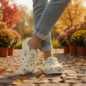 May include: Cream-colored clogs with a sunflower pattern. The shoes are worn with rolled-up blue jeans. The background features potted mums and autumn foliage, with fallen leaves on the brick path.