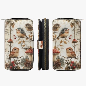 Cartera vintage pájaro, cartera mujer motivo bosque, cartera piel cremallera, cartera niña vintage, diseño bosque y pájaro