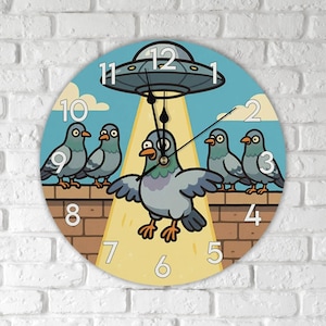 Reloj de pared de madera "Las palomas nacen" – Divertido reloj de dibujos animados de ovnis para niños, niñas y mujeres – Reloj de pared silencioso para nerds – Idea de regalo con humor