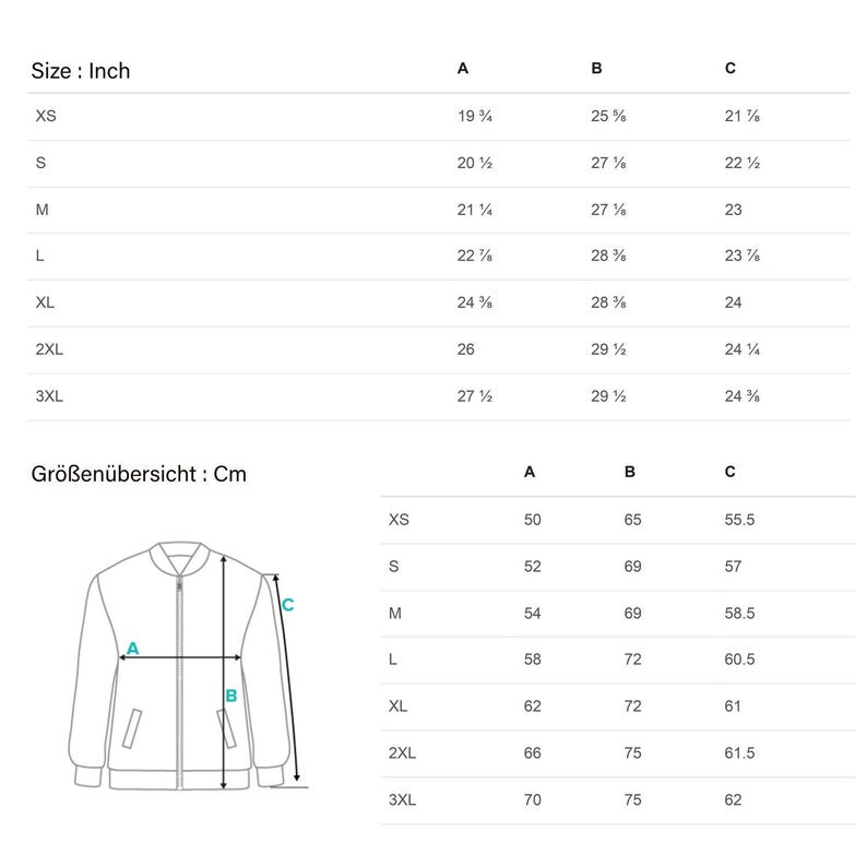 May include: Size chart for a jacket in inches and centimeters. The chart shows the measurements for the chest, sleeve length, and overall length of the jacket in different sizes, from XS to 3XL.