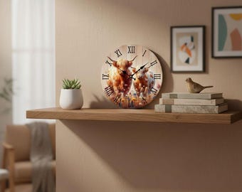 Highland Cow Wall Clock – Scottish Highland Cattle Wooden Clock for Kitchen - Living Room – Rustic Clock with Animal Motif, Country House Clock Made of Wood