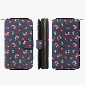 Carteira de couro com zíper para mulher, carteira com motivo cereja, carteira azul com desenho de frutas, carteira com estampa cereja