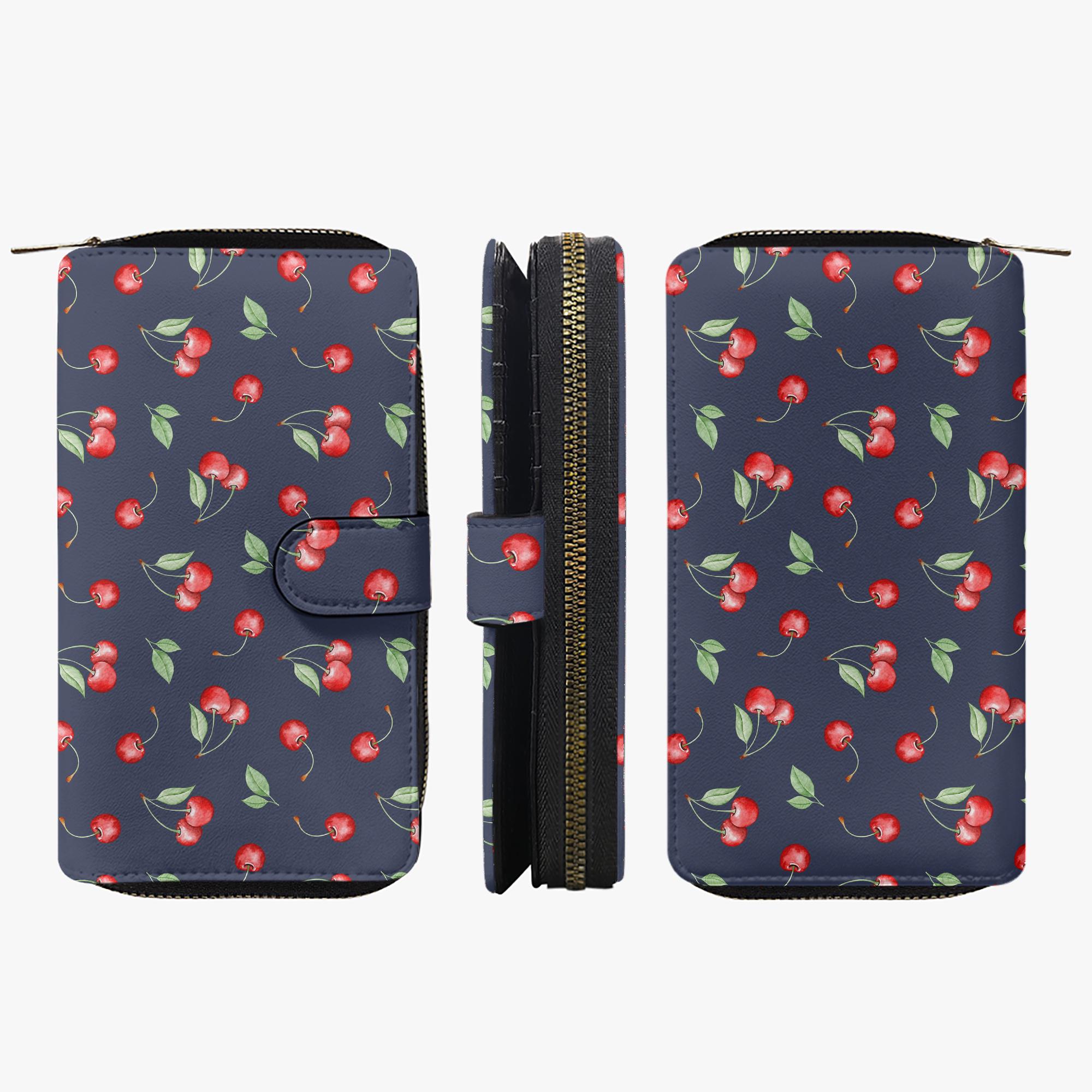 Leather Wallet With Zipper for Women, Wallet With Cherry Motif