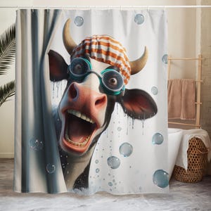 Divertente tenda da doccia in tessuto con motivo a mucca – decorazione da fattoria per il bagno, divertente tenda da bagno con animali dei cartoni animati, idea regalo per il bagno con mucca delle Highlands.