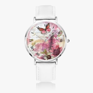 Butterfly Watch for Women – Pink Vintage Watch with Flowers and Butterfly – Gift for Girls, Children & Nature Lovers – Leather Strap