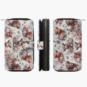 Carteira Highland Cow Feminina - Meninas | Carteira azul claro com vários compartimentos | Bolsa com zíper em formato de vaca escocesa fofa