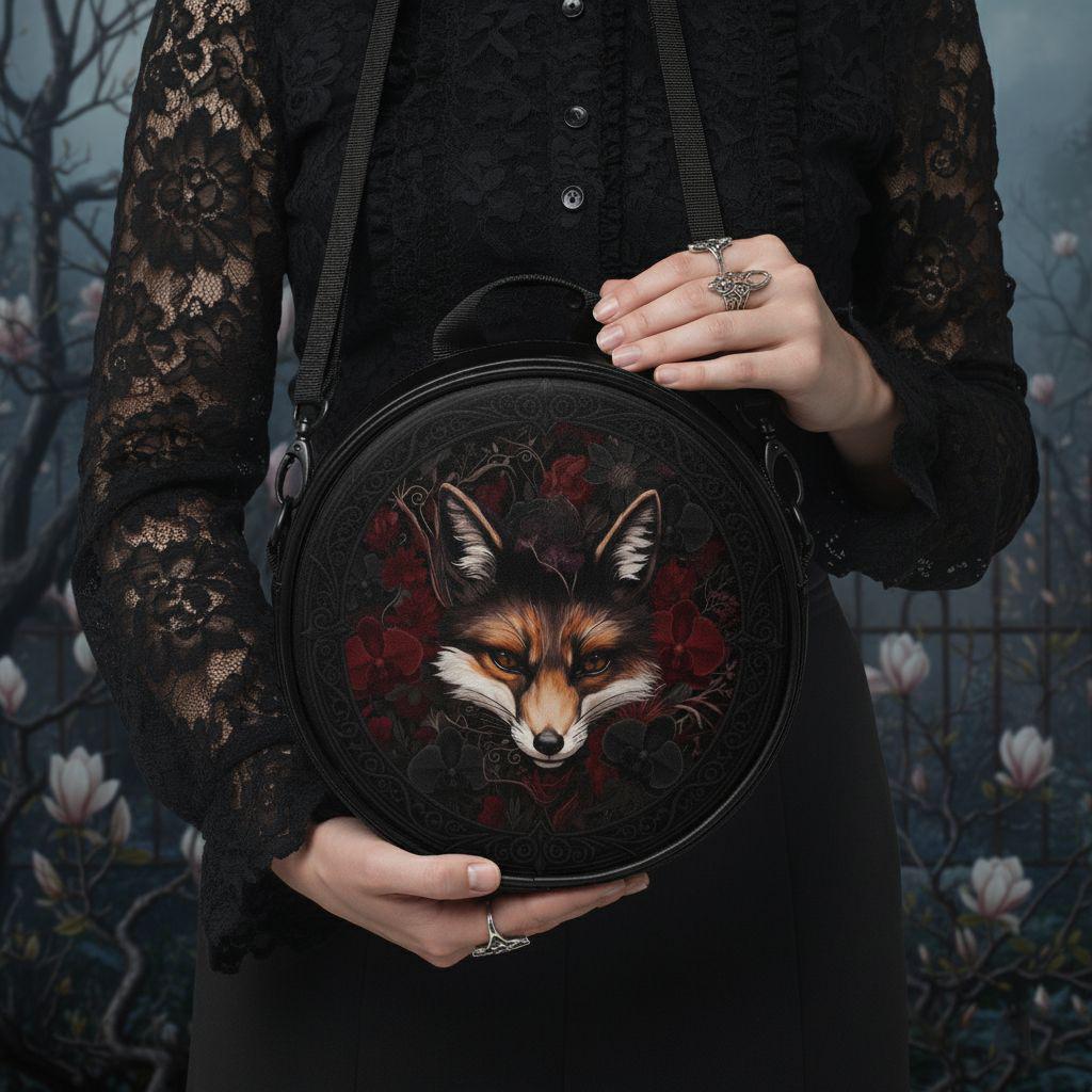Gothic Fox Bag – Dark Fox Crossbody Bag Black Red Floral