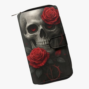 Cartera gótica para niña con calavera y rosa – Cartera para mujer con diseño de calavera – Accesorio rockabilly – Regalo para fans del gótico