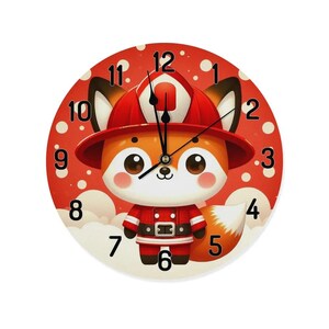 Red children&#39;s wooden wall clock with fire engine and fox motif – animal clock for boys&#39; rooms, wooden clock decoration for children&#39;s rooms