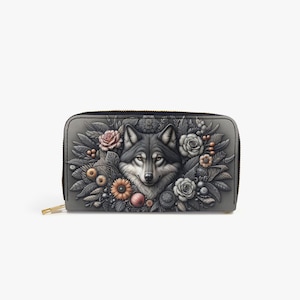 Cartera para mujer con diseño de lobo gris | Cartera de piel con motivo de lobo | Bolso de mujer con flores | Místico - Gótico | Regalo para los amantes de los lobos