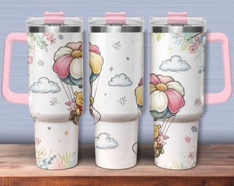 Caneca Térmica do Ursinho Pooh, Caneca de Viagem em Aço Inoxidável com Alça e Canudo, Design de Flor de Balão, Caneca Isolada, Ótima Ideia de Presente para Amigos
