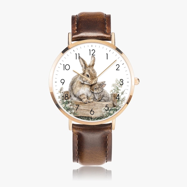 Rabbit wristwatch for women and girls, vintage leather strap, gift idea for Mother's Day, back to school, cute animal watch, gift for girlfriend or daughter, natural style