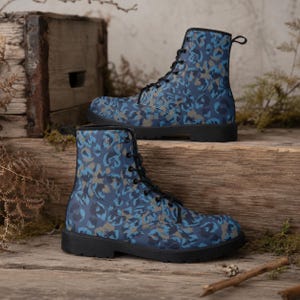 Laarzen met luipaardprint voor dames - Blauw - Trendy veterlaarzen met luipaardprint, modieuze enkellaarzen, alternatieve laarzen