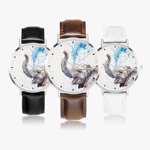 Elephant watch for women – animal watch with watercolor motif – gift for girls, children & animal lovers – colorful watch with leather strap