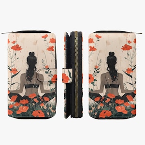 Große Damen Geldbörse mit Blumen & Meditationsmotiv, Boho Style Portemonnaie mit Handyfach, Yogaliebhaber Geschenk, Zen Wallet im Natur Look