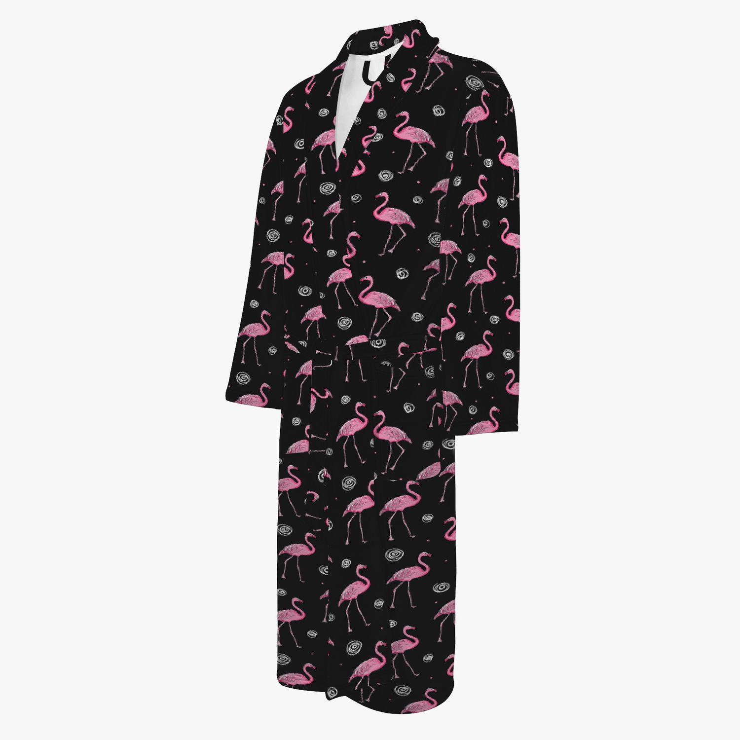 Cozy Flamingo Design Bathrobe for Women | Flamingo Pattern Dressing Gown | Black Unisex Robe with Flamingo Motif | Women's Robe