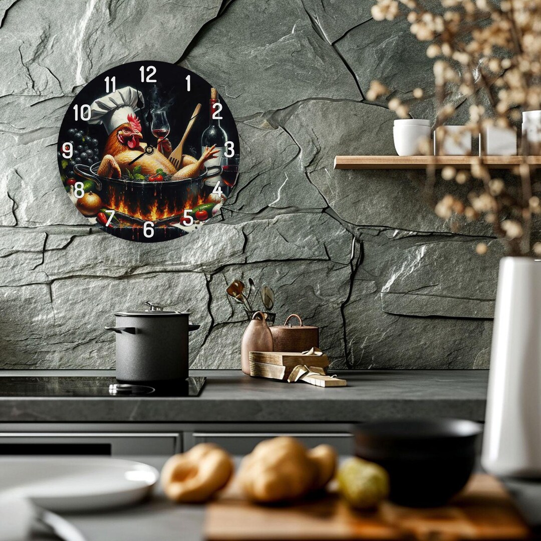Funny Chicken Wall Clock, Kitchen Clock Wood, Chicken in Cooking Pot ...