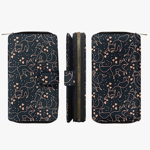Carteira com motivo de raposa, carteira feminina azul escuro, carteira com zíper, carteira com design de raposa grande, bolsa feminina com padrão de raposa