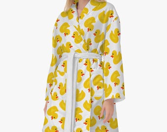Cuddly women's and men's bathrobe white, funny duck dressing gown, sauna women's bathrobe, rubber duck robe unisex, men's bathrobe