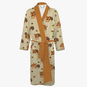 Beige heren - dames badjas met eekhoornmotief | Grappig cartoon dierenpatroon kamerjas voor vrouwen | Kamerjas met eekhoornmotief