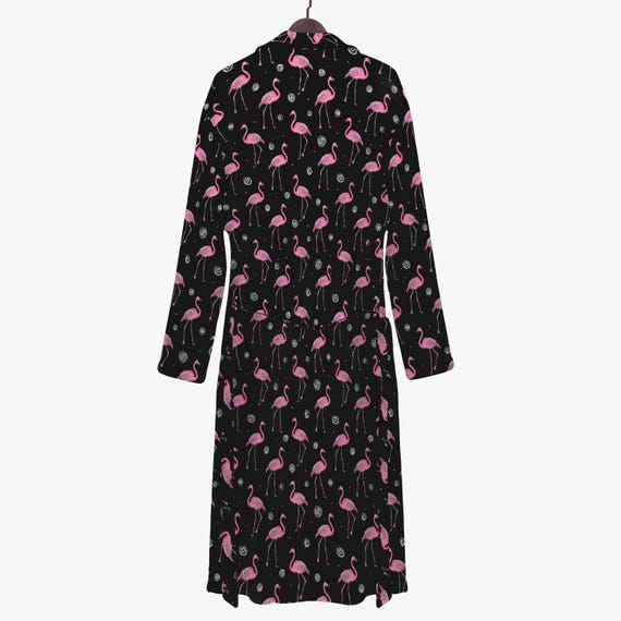 Cozy Flamingo Design Bathrobe for Women | Flamingo Pattern Dressing Gown | Black Unisex Robe with Flamingo Motif | Women's Robe