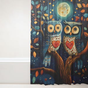 Shower curtain with owl motif, blue bath curtain owl, bathroom curtain with owls, owl shower curtain watercolor, watercolor owl decoration bathroom
