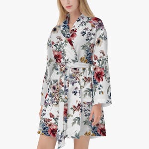 Bata de baño con estampado floral para mujer, bata acogedora con estampado tropical, bata con diseño floral, bata de hibisco
