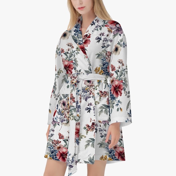 Women's Floral Pattern Bathrobe, Floral Motif Robe, Cozy Dressing Gown  Tropical Pattern, Bathrobe Floral Design, Hibiscus Bathrobe