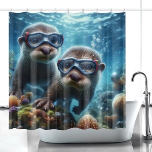 Tenda da doccia con divertente lontra – Simpatica lontra subacquea in un design sottomarino, decorazione per il bagno per gli amanti degli animali