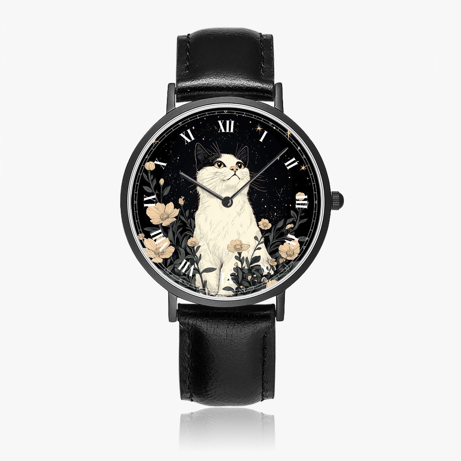 Cat Watch Women – Black Watch With Cat and Flower Motif 