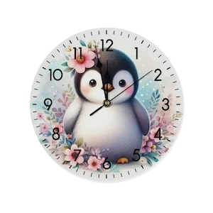 Cute penguin children&#39;s clock | Wooden wall clock with penguin | Girls&#39; clock with animal motif | Penguin clock for children | Children&#39;s room wall decor penguin