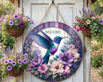 Hummingbird door sign with floral motif – Welcome entrance sign – Garden decor, country house style – Spring front door decoration – Gift idea for hobby gardeners