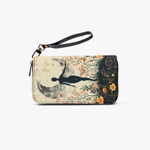 Cartera artística para mujer con motivos de luna y naturaleza – clutch vintage con cremallera – cartera floral – regalo para mujer