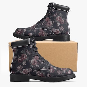 Ongebruikelijke zwarte dames enkellaarzen - bloemenlaarzen dames, veganistische laarzen in bloemmotief, winterschoenen voor meisjes, cadeau voor haar