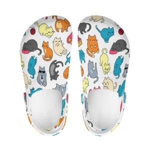 Bunte Damen - Herren Katzen Design Clogs, Cartoon Katze-Clogs Kinder, Lustige Kawaii Hausschuhe, Slip-On Schuhe,  Katzenmotiv Pantoletten