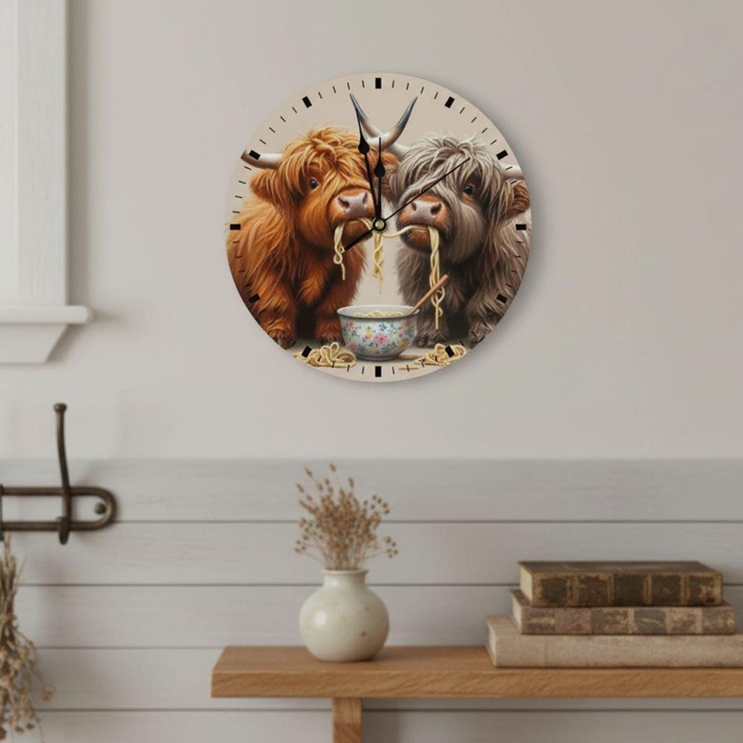 Wall Clock Highland Cattle Motif – Round Clock With Cute Cow Design ...