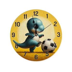 Dino wall clock for children, dinosaur children&#39;s wooden clock, yellow children&#39;s room clock, wooden clock for boys, football clock for children&#39;s room, football motif children&#39;s clock