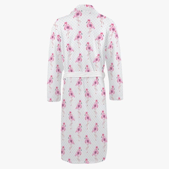 ladies flamingo dressing gown White Unisex Bathrobe Flamingo, Women's Tropical, Sauna Coat With Animal Motif, Robe for Adults, Sauna Robe Summer feb-4