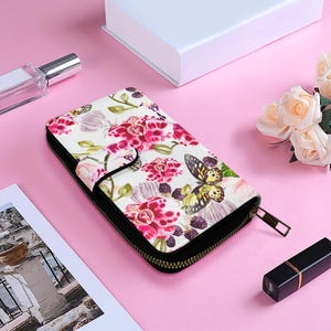 Cartera de cuero floral con orquídeas, cartera con motivo de mariposa, cartera con estampado floral, cartera grande mujer floral