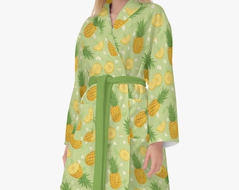 Green bathrobe with pineapple pattern – tropical dressing gown, sauna cover-up, cozy women's robe, men's robe & children's bathrobe