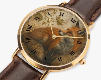 Fox wristwatch for women and girls – vintage watch with leather strap – romantic nature motif – animal watch for forest animals – gift for nature lovers