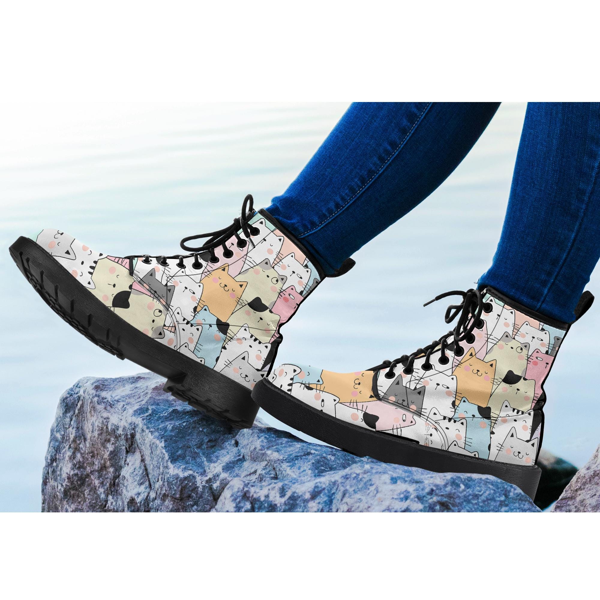 Cartoon Cat Women's Boots - Leather Boots With Cat Design - Colorful ...