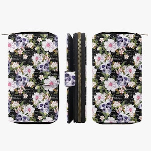 Portefeuille en cuir gothique noir – Grand portefeuille pour femme avec tête de mort – Design floral tête de mort, portefeuille à fermeture éclair pour filles