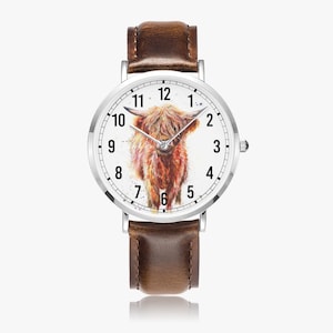 Ladies&#39; watch - children&#39;s watch with leather strap - wristwatch with Scottish Highland cow motif, country style watch, gift idea for cow lovers
