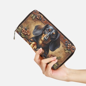 Cartera de perro salchicha para mujer – Cartera con motivo de perro – Regalo para amantes de los perros salchicha – Cartera con cremallera con detalles de perro y flores