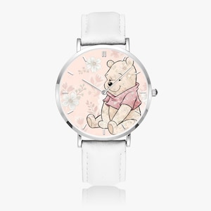 Cute watch with Winnie the Pooh and flowers – women's watch in cartoon style – leather strap vintage look – gift idea for animal lovers & fans