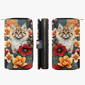 Cartera con motivo de gato, cartera floral de mujer, cartera con estampado de flores, cartera con diseño de gato, lindo motivo de gato de flores
