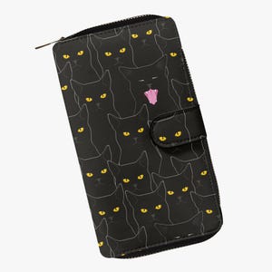 Cartera grande de mujer diseño de gato, cartera negra con muchos compartimentos, cartera para niñas y amantes de los gatos, regalo perfecto